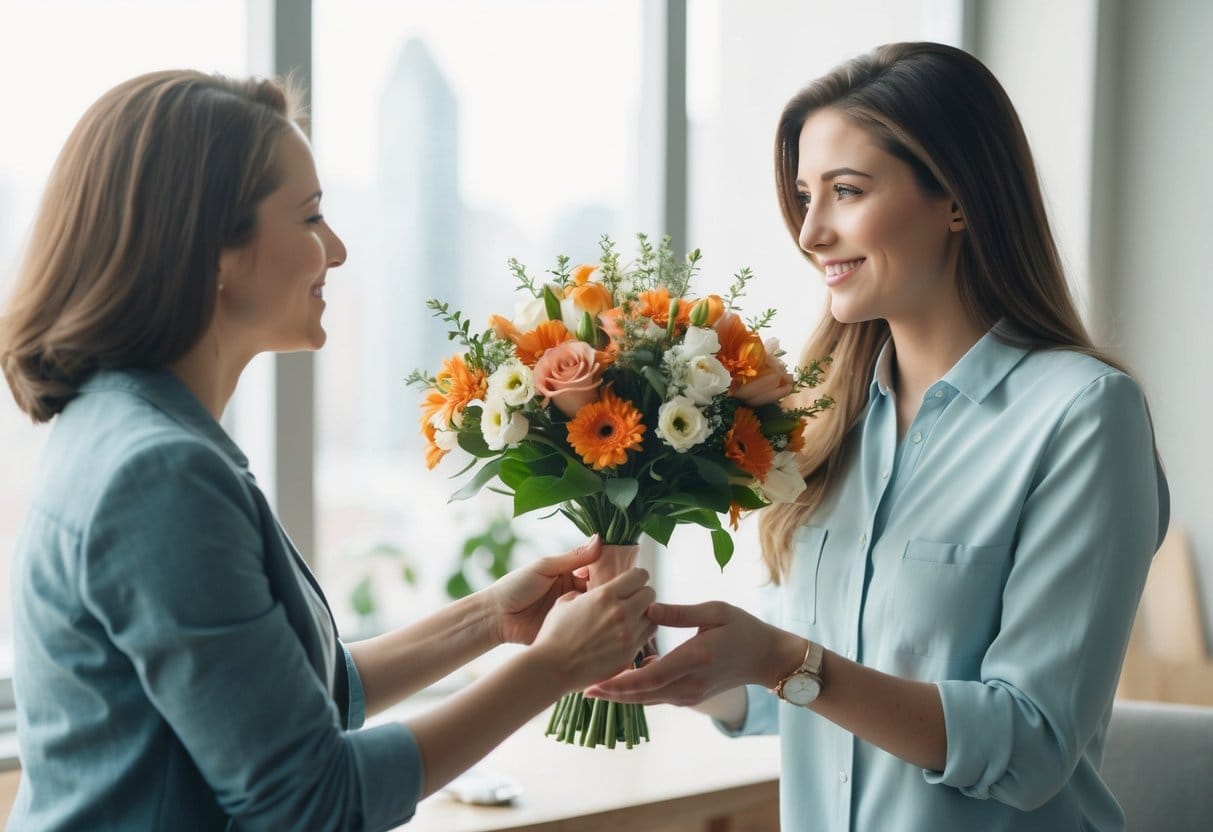 A woman giving a bouquet of flowers to her friend expressing love and appreciation